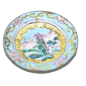 Vtg Chinese Enamel miniature Dish Flaws 2" Hand painted crazing
